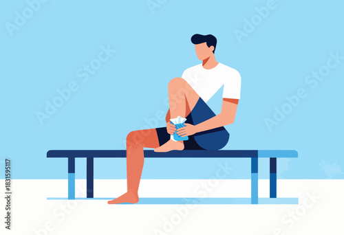 A person with a possible injury on their ankle sits on a bench, holding an ice pack