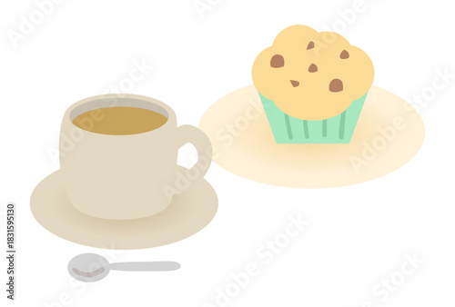 Cute Flat Coffee and Chocolate Chip Cupcake Vector Illustration