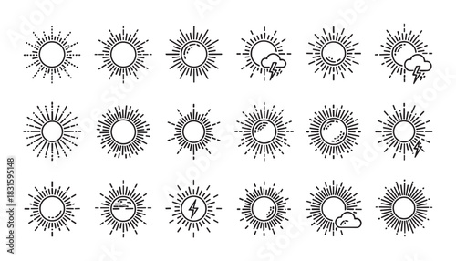 Collection of black line art sun icons in various styles, including weather symbols like clouds and lightning bolts, representing different meteorological conditions