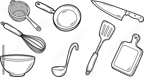 Hand-drawn collection of kitchen utensils, cookware, and culinary elements like pots, pans, knives, plates, and food splashes in a detailed doodle style on white.