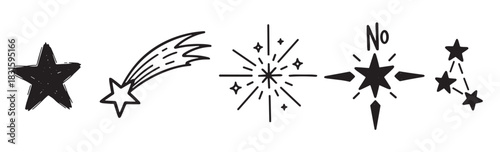 Set of black hand-drawn star doodles including a shooting star, constellation, sparkle, and North Star in a simple minimalist graphic illustration style for design elements