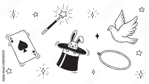 Hand-drawn set of magic show elements featuring a rabbit in a top hat, a magic wand, a flying dove, and an ace of spades playing card in a whimsical doodle style