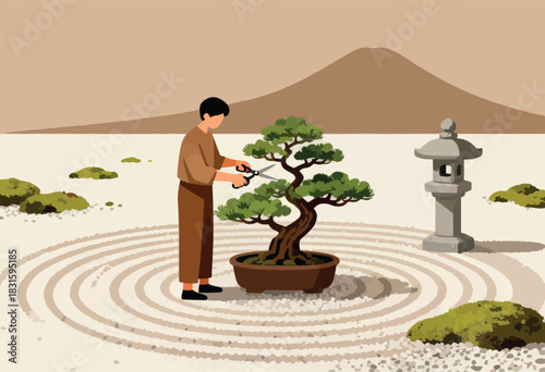 A person trims a bonsai tree in a serene Japanese garden with a stone lantern and a mountain backdrop