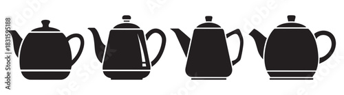 Four black coffee pot silhouettes in a minimalist icon set showing different classic designs for brewing hot beverages, presented as a simple graphic vector illustration for kitchenware concepts