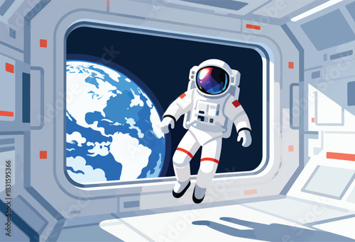 An astronaut floats in a space station, gazing at Earth through a large window.  It is a cartoon illustration