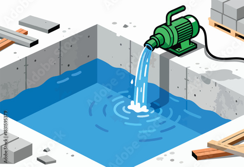 An isometric illustration depicts water pouring from a green pump into a pool, with construction materials nearby