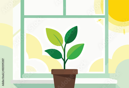A potted plant with green leaves stands in front of a window, with a sun graphic in the background