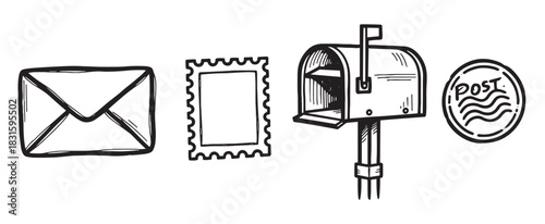 Set of hand-drawn postal icons including an envelope, postage stamp, mailbox, and postmark in a black and white doodle sketch style for communication and delivery concepts