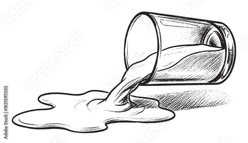 Spilled drinking glass pouring out water to form a puddle in a detailed black and white line art illustration with a classic hand-drawn sketch aesthetic