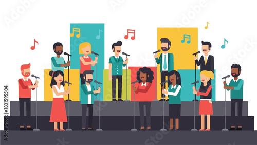 This flat design illustration showcases a diverse gospel choir performing enthusiastically on stage, symbolizing unity and praise at an international festival. 