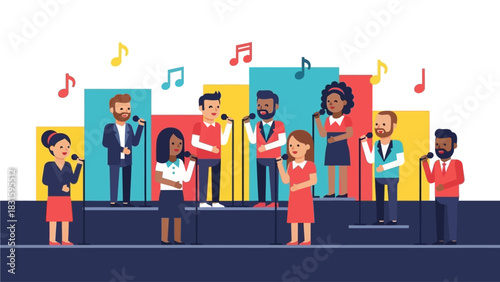 This flat design illustration showcases a diverse gospel choir performing enthusiastically on stage, symbolizing unity and praise at an international festival. 