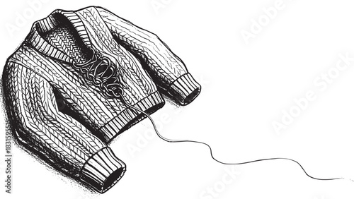 Hand-drawn cable-knit sweater illustration with a single thread unraveling from its intricate pattern, rendered in a bold black and white graphic linocut style
