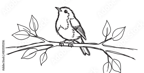 Small charming bird perched on a leafy tree branch in a simple black and white hand-drawn sketch style, looking up with a hopeful and curious expression