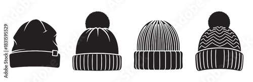 Set of four black winter beanie hats with different designs including pompoms and patterns, presented as a graphic vector illustration icon collection for cold weather apparel