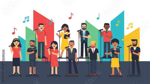 This flat design illustration showcases a diverse gospel choir performing enthusiastically on stage, symbolizing unity and praise at an international festival. 