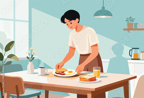A person prepares breakfast in a bright kitchen. Table set with food, light streaming in from the window