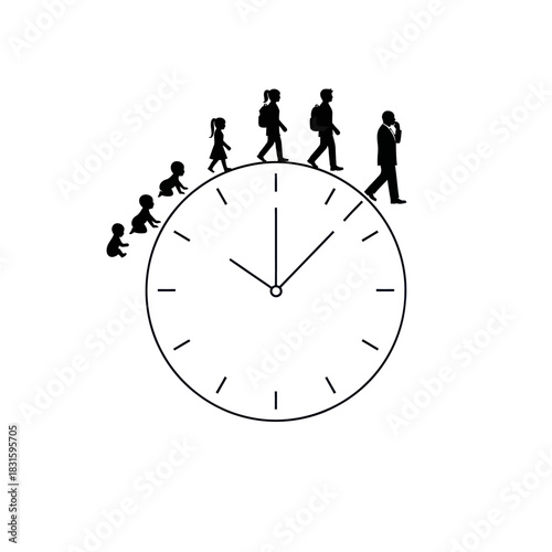 Progression of Life Stages on Clock Face Illustrating Times Passage.
