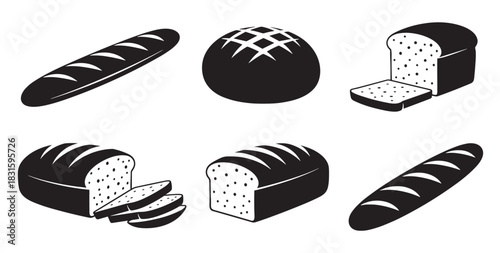 Set of six black bread icons showing different types of loaves including baguette, round boule, and sliced sandwich bread in a simple graphic vector illustration style