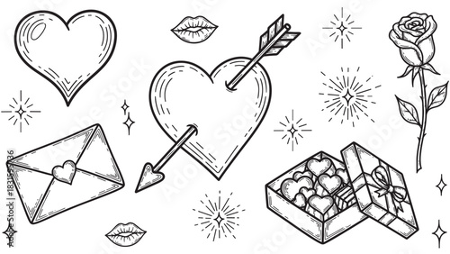 Set of hand-drawn romantic illustrations in a black and white vintage tattoo style, featuring a heart with an arrow, a rose, a love letter, a box of chocolates, and a kiss