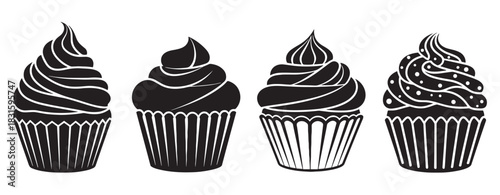 Four black and white cupcake icons set with various swirled cream toppings and sprinkles, presented in a minimalist graphic vector illustration style for bakery or confectionery design