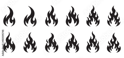 Set of twelve black fire flame icons showing a progression from simple to complex shapes, ideal for tribal tattoo designs, decals, or stylized hot rod vector art