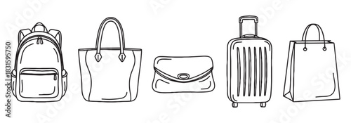 Collection of hand-drawn bags including a backpack, tote, clutch, suitcase, and shopping bag in a minimalist black and white line art illustration style for travel and fashion concepts