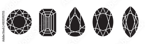 Collection of five black faceted gemstone icons with various shapes such as oval, emerald, pear, and marquise, illustrated in a simple, clean, monochrome style