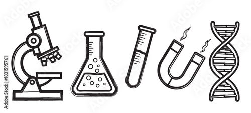 Hand-drawn scientific equipment icons featuring a microscope, laboratory flask, test tube, magnet, and DNA strand, illustrated in a simple black outline sketch style for research concepts