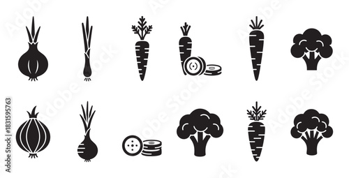 Collection of black vegetable icons featuring onions, carrots, and broccoli in a simple glyph style for graphic design and culinary themes, presented as a complete and versatile set