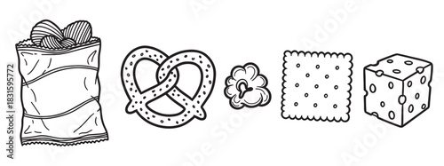 Set of black and white snack food icons including chips, a pretzel, popcorn, a cracker, and cheese in a simple hand-drawn doodle style illustration