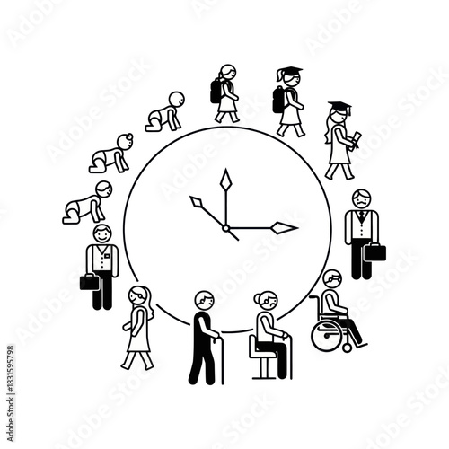 Human life cycle depicted as a clock showing stages of growth.