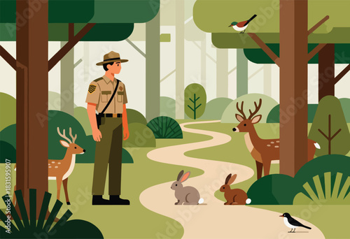A park ranger stands in a forest path surrounded by wildlife; deer, rabbits and birds. Flat, minimalist style