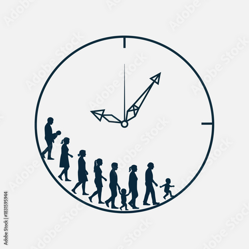 Human life cycle represented by people walking inside a clock, symbolizing the passage of time and aging.