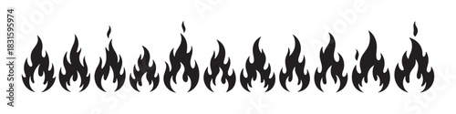 Black fire flame silhouette border illustration with a row of stylized burning bonfire icons for a hot rod tattoo or decal design, a simple vector graphic element for decoration
