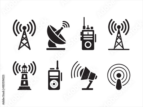 Communication Tower Antenna Silhouette Icon Set Vector Illustration