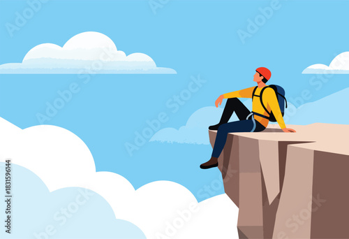 A person in climbing gear sits on a cliff edge looking towards the horizon; blue sky and fluffy clouds surround them