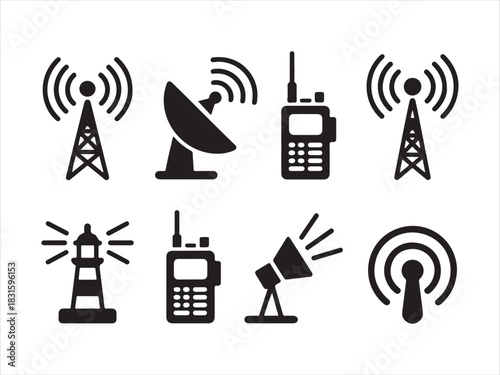 Communication Tower Antenna Silhouette Icon Set Vector Illustration