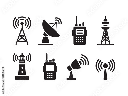 Communication Tower Antenna Silhouette Icon Set Vector Illustration