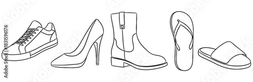Collection of various footwear types drawn in a simple black and white line art style, including a sneaker, high heel, boot, flip-flop, and slide for a minimalist graphic design