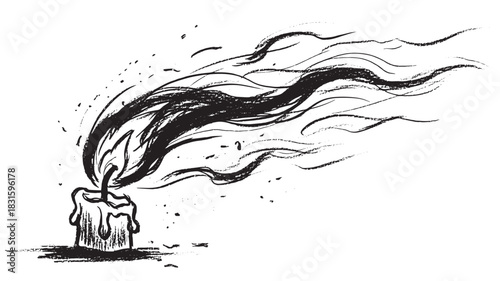 Single burning candle with a large flame and smoke depicted in a black and white hand-drawn illustration with a dramatic, sketchy, and grunge style