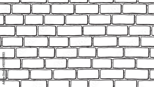 Hand-drawn black and white brick wall pattern with a simple doodle style, featuring rectangular bricks with rounded corners arranged in a classic running bond layout for a graphic texture