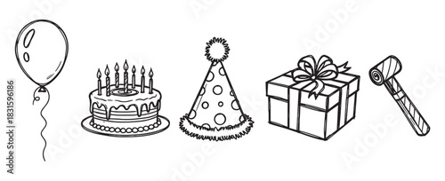 Black and white birthday party doodle set with a cake, balloon, gift box, party hat, and horn blower in a simple hand-drawn sketch illustration for a festive celebration