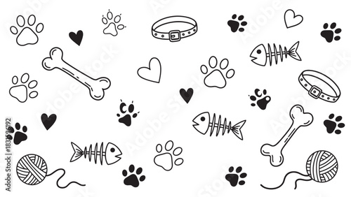 Set of black and white pet-themed doodles featuring paw prints, bones, fish skeletons, collars, and yarn balls in a cute, hand-drawn line art style illustration