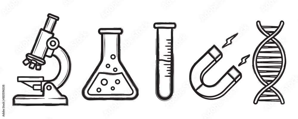 Obraz premium Set of hand-drawn science icons including a microscope, flask, test tube, magnet, and DNA helix in a black and white grunge sketch style illustration for educational concepts