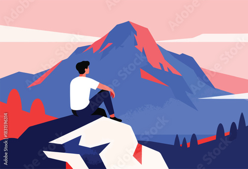 A person sits, looking out at a majestic mountain scene, rendered in a modern, geometric style with vibrant colors