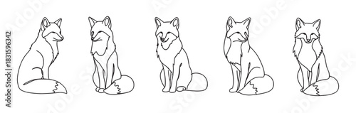 Set of five black line illustrations of a sitting fox in various poses, rendered in a clean, minimalist, and elegant style with simple contours and a charming character