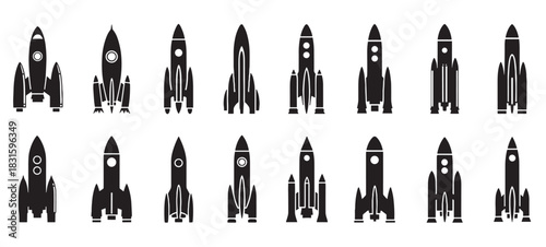 Collection of black rocket ship icons in a minimalist flat style, featuring various spaceship and shuttle designs for concepts of launch, startup, and space exploration