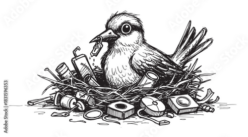 Hand-drawn black and white bird sits in a nest made of electronic waste and garbage, holding a piece of junk in its beak as a sad commentary on environmental pollution