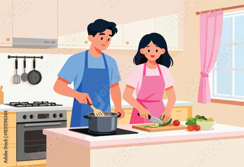 A couple cooks together in a bright kitchen with a stove, counter, and a window. One stirs food, the other cuts