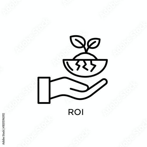 Conceptual outline icon depicting ROI with a hand cradling a seedling in a cracked pot, symbolizing business growth, investment value, and overcoming challenges